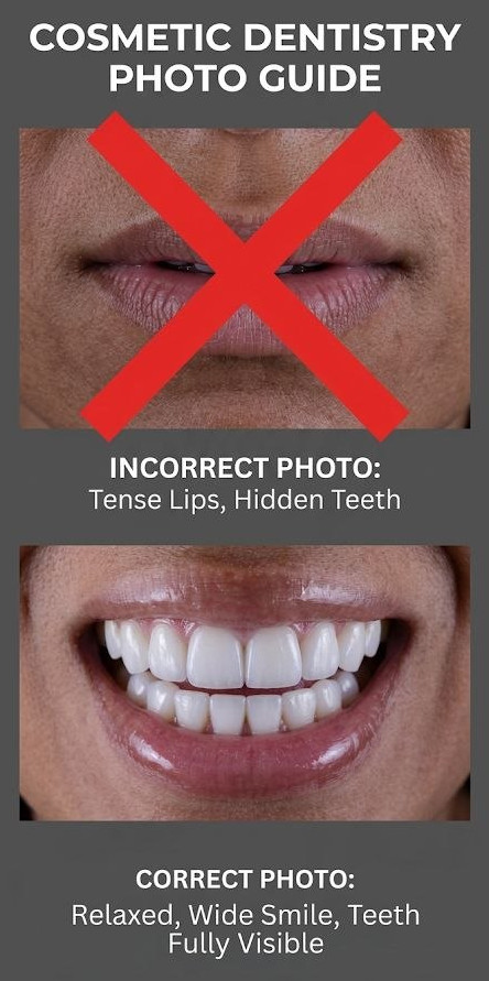 Guide: take one photo smiling wide with mouth open, and another biting down with teeth together